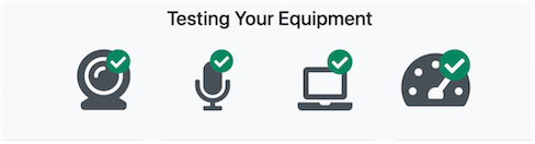 webcam, microphone, computer and internet speed icons marked as checked