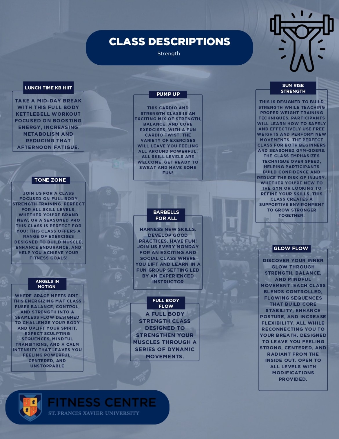 Class descriptions of group fitness strength and conditioning classes