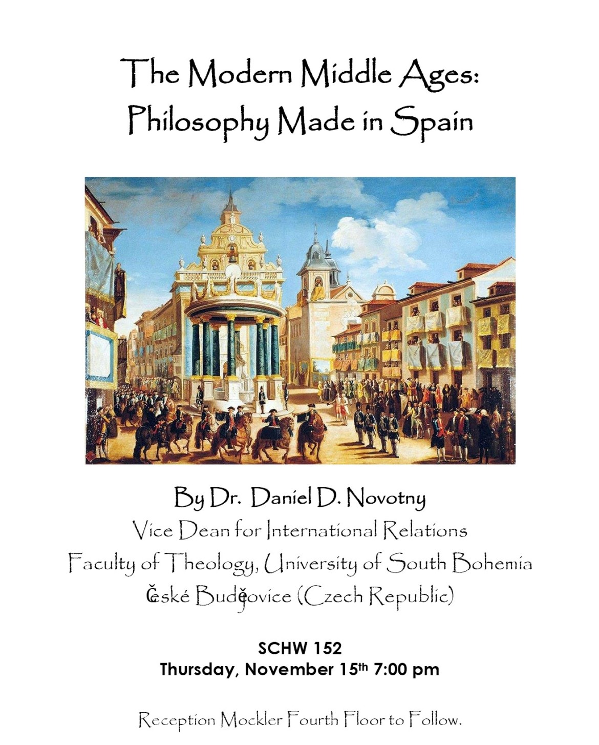 Poster for a philosophy lecture, where a photo of ancient buildings are located in the center.