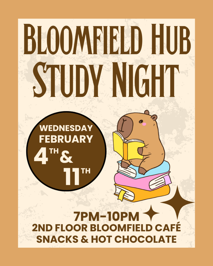 Beige background with dark brown border, cute animal reading a yellow book, sitting on a stack of books text inviting to February 11th Study Night at Bloomfield Hub