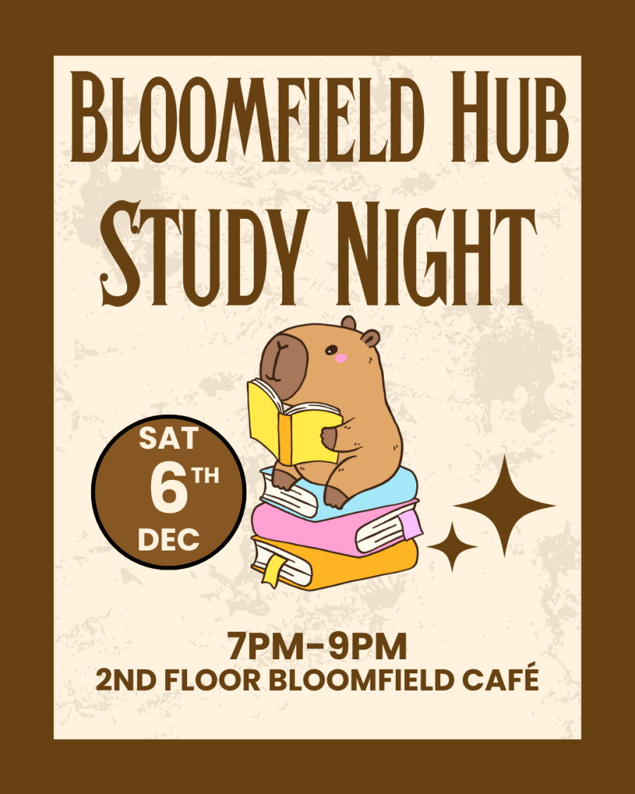 Beige background with dark brown border, cute animal reading a yellow book, sitting on a stack of books text inviting to December 6th Study Night at Bloomfield Hub