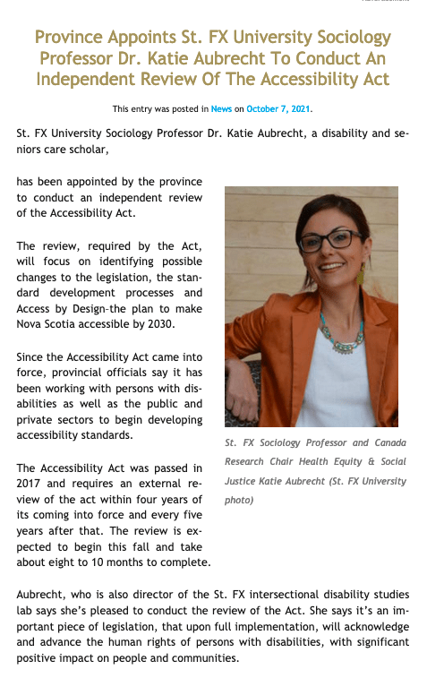 Article describing Katie Aubrecht's appointment to review the Accessibility Act