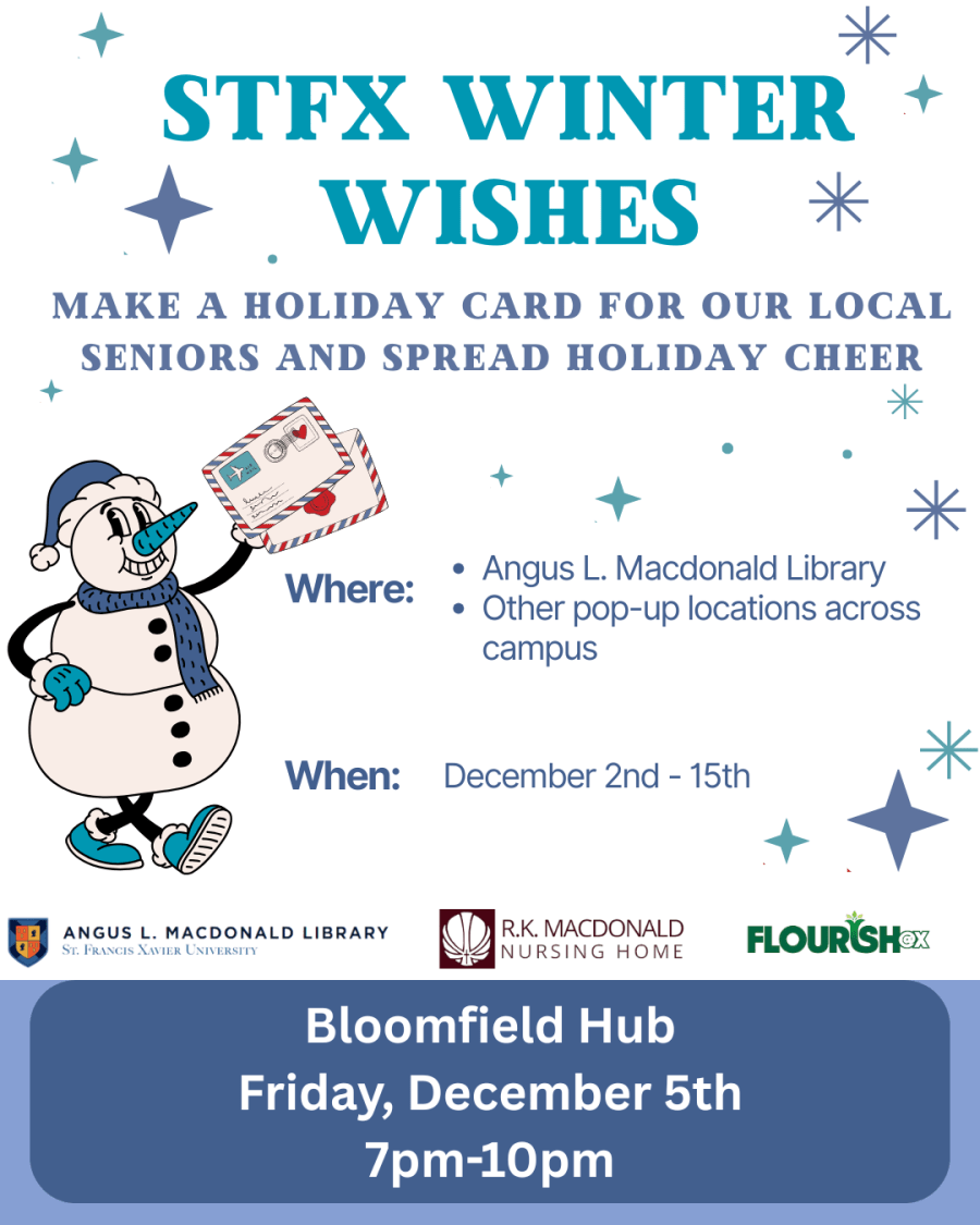 White background with blue star shaped accents, Snowman in a blue and white Santa hat holding two envelopes. Blue text inviting reader to StFX Winter Wishes Friday December 5 at Bloomfield Hub