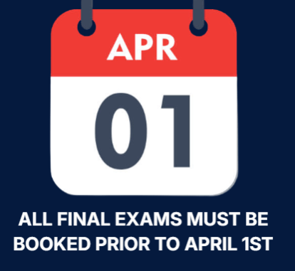 Calendar icon showing April 1 as last day to book final exams with TCAL