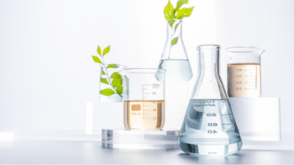 Beakers and flasks with plant cuttings symbolizing sustainable chemistry in university science programs