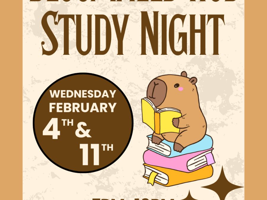 Beige background with dark brown border, cute animal reading a yellow book, sitting on a stack of books text inviting to Feb 4th Bloomfield Hub Study Night