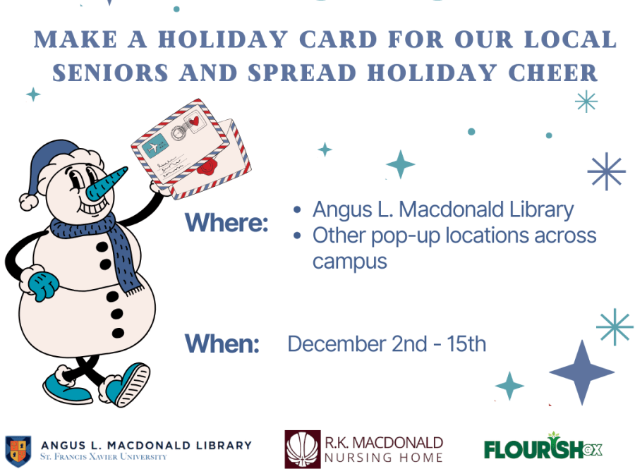 White background with blue star shaped accents, Snowman in a blue and white Santa hat holding two envelopes. Blue text inviting reader to StFX Winter Wishes Friday December 5 at Bloomfield Hub